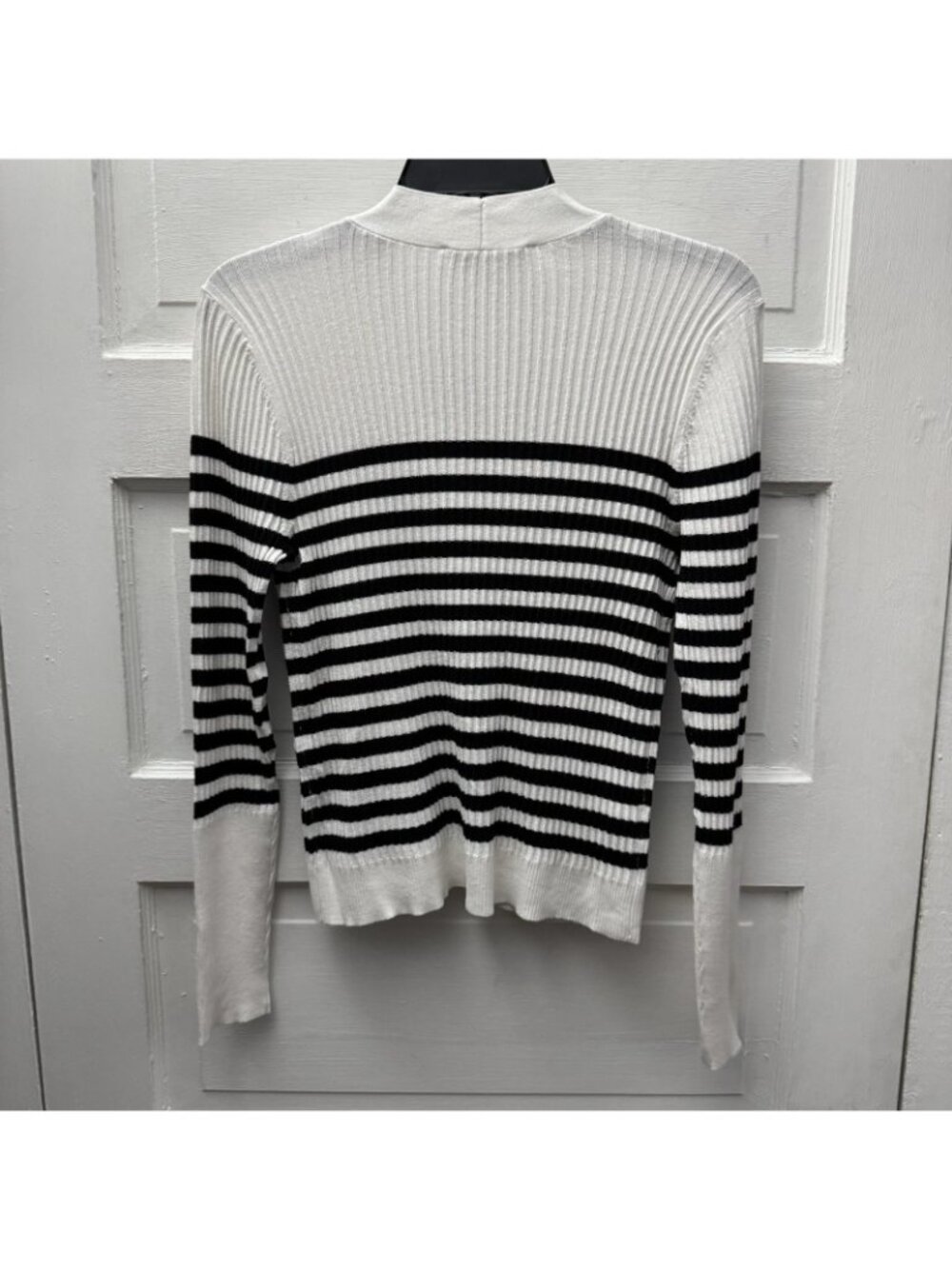 LOFT Striped Rib Knit Cardigan Sweater Women’s Small White Black Button Front - Picture 3 of 7